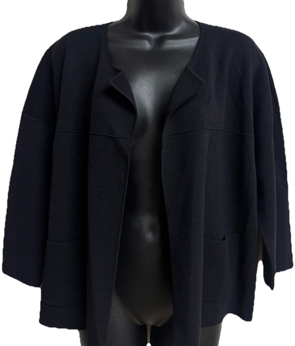 Eileen Fisher Wool Cardigan Sweater Women Medium Black Open Front 3/4 Sleeve EUC